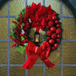 Christmas Front Door Wreath Artificial Red Berry Grass Bow Ornament with LED Kerosene Lamp