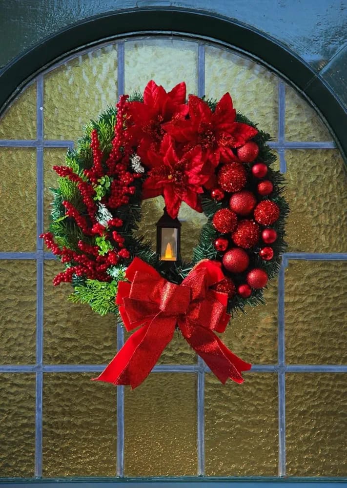 Cosmic-Choices-866505.jpeg Christmas Front Door Wreath Artificial Red Berry Grass Bow Ornament with LED Kerosene Lamp